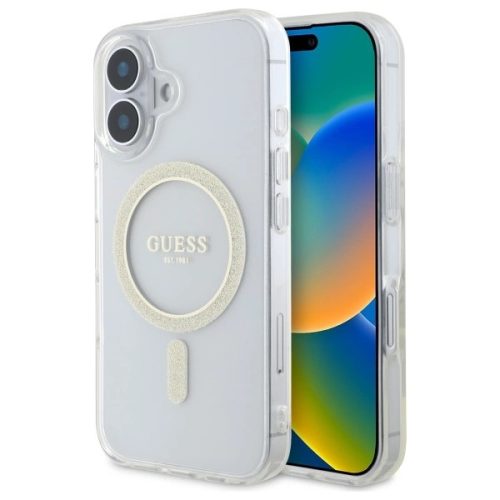 Guess GUHMP16MHFGERET iPhone 16 Plus, 6.7" tok, átlátszó hardcase IML Glitter Circle MagSafe