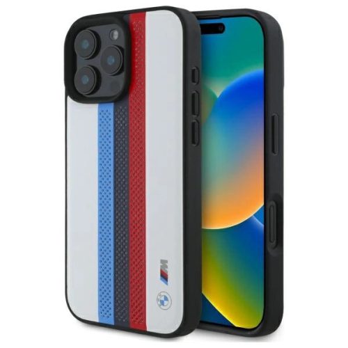 BMW BMHMP16X23PUPTH iPhone 16 Pro Max, 6.9" tok, fehér hardcase M Perf. Tricolor Printed Stripes MagSafe