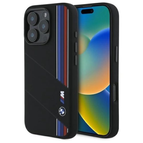 BMW BMHMP16L23SCUK iPhone 16 Pro 6.3", tok, fekete Silicone Cut Tricolor Lines MagSafe