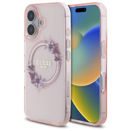 Guess GUHMP16SHFWFCP iPhone 16 6.1" tok, rózsaszín hardcase IML Flowers Wreath MagSafe