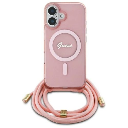 Guess GUHMP16SHCTSGNSP iPhone 16 6.1", tok, rózsaszín hardcase Crossbody Cord Script MagSafe