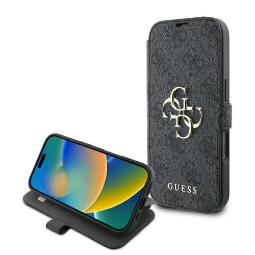 Guess GUBKP16L4GMGGR iPhone 16 Pro 6.3" oldalra nyíló tok, fekete 4G Metal Logo