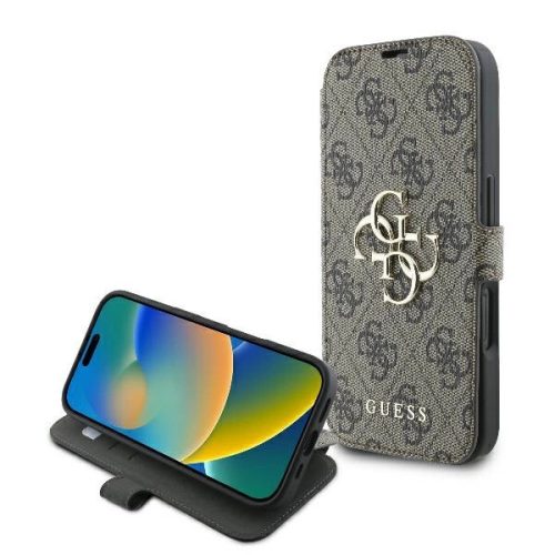 Guess GUBKP16S4GMGBR iPhone 16 6.1" oldalra nyíló tok, barna 4G Metal Logo