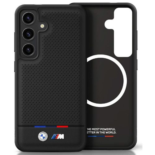 BMW Leather Tricolor Stripe MagSafe Samsung Galaxy S25 tok, fekete