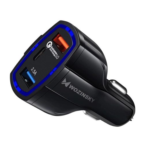 Wozinsky WCC-01 univerzális autós töltő, gyorstöltő, 2xUSB, 1xUSB-C, fekete