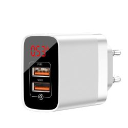   Baseus Mirror Lake Quick Charger hálózati töltő adapter, Qi 3.0 gyorstöltés, 2xUSB, LED kijelzővel, fehér