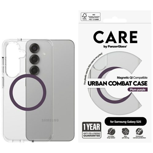 CARE by PanzerGlass Flagship Urban Combat tok, lila QISamsung Galaxy S25 tok, átlátszó