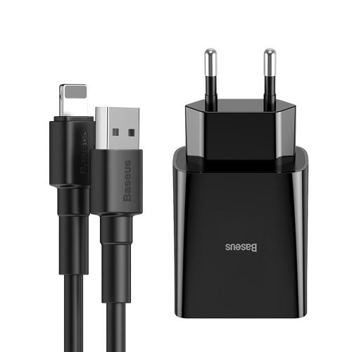 Baseus Wall Charger CCALL-MN02 2xUSB Lightning hálózati töltő és kábel, gyorstöltő, 2.1A, 1m, fekete