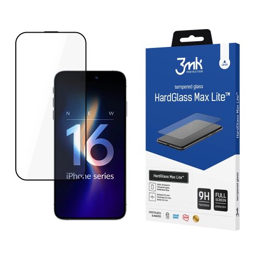 3MK HardGlass Max Lite iPhone 16 Pro 6.3 tok, fekete, Fullscreen Glass Lite