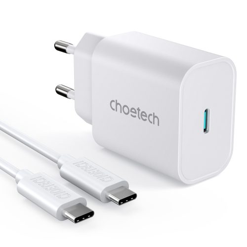 Choetech Wall Charger hálózati töltő, gyorstöltő, 25W USB-C, USB-C kábellel, fehér