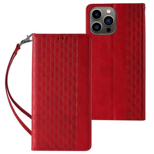 Magnet Strap Case iPhone 14 Pro Max Flip Wallet Mini Lanyard Stand tok, piros