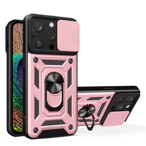 Hybrid Armor Camshield case with stand and camera cover iPhone 15 Pro tok, rózsaszín