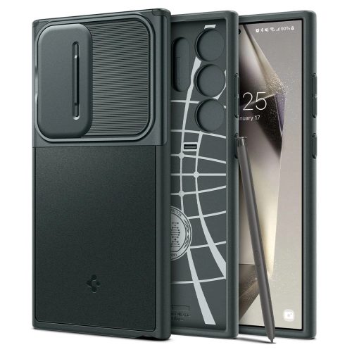 Spigen Optik Armor tok Samsung Galaxy S24 Ultra kameravédővel, zöld