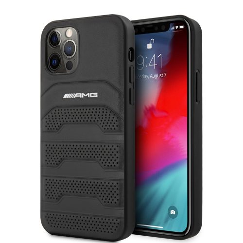 AMG iPhone 12 Pro Max Leather Debossed Lines eredeti bőr (AMHCP12LGSEBK) hátlap, tok, fekete