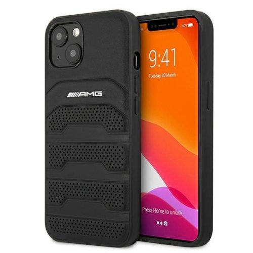 AMG AMHCP13SGSEBK iPhone 13 mini 5,4", hátlap, tok, bőr dombornyomásos vonalakkal, fekete