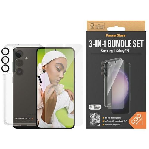 PanzerGlass csomag 3in1 Szett Samsung Galaxy S24 hátlap tok + kijelzővédő + lencsevédő edzett üvegfólia