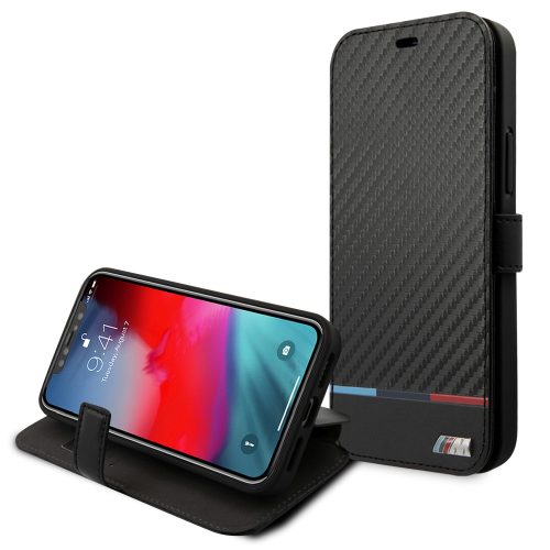 BMW iPhone 13 Pro M Collection Carbon Stripe (BMBKP13LPUCARTCBK) oldalra nyíló tok, fekete