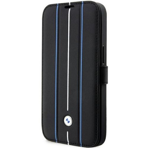 BMW BMBKP14L22RVSK iPhone 14 Pro 6.1" Leather Stamp Blue Lines, oldalra nyíló bőr tok, fekete