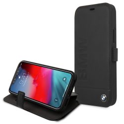   BMW iPhone 12/12 Pro Signature (BMFLBKP12MSLLBK) eredeti bőr oldalra nyíló tok, fekete