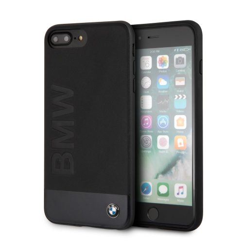 BMW iPhone 6 Plus/7 Plus/8 Plus Genuine Leather and Alu Plate (BMHCI8LSGLALBK) hátlap, tok, fekete