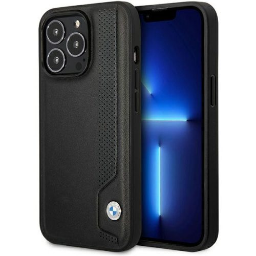 BMW iPhone 14 Pro Hardcase Leather Blue Dots (BMHCP14L22RBDK) eredeti bőr hátlap, tok, fekete