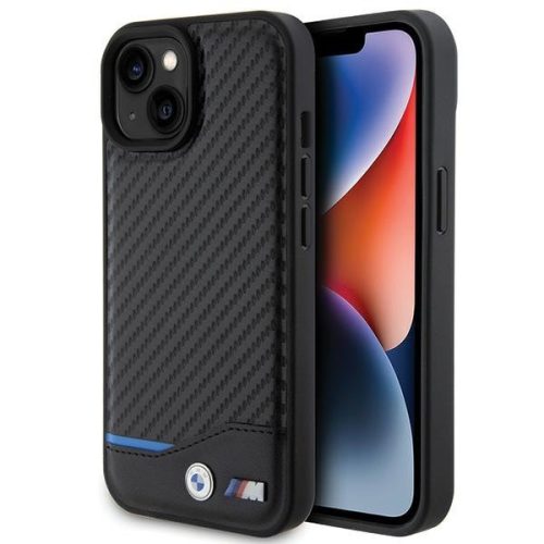 BMW iPhone 15 Leather Carbon (BMHCP15S22NBCK) eredeti bőr hátlap, tok, fekete