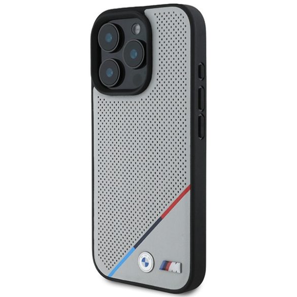 BMW iPhone 16 Pro M Perforated Tricolor Line(BMHMP16L23PUPDG) Magsafe kompatibilis hátlap, tok, szürke