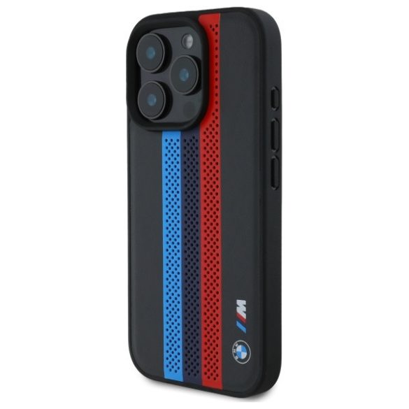 BMW iPhone 16 Pro M Perforated Tricolor Printed Stripes (BMHMP16L23PUPTK) Magsafe kompatibilis hátlap, tok, fekete