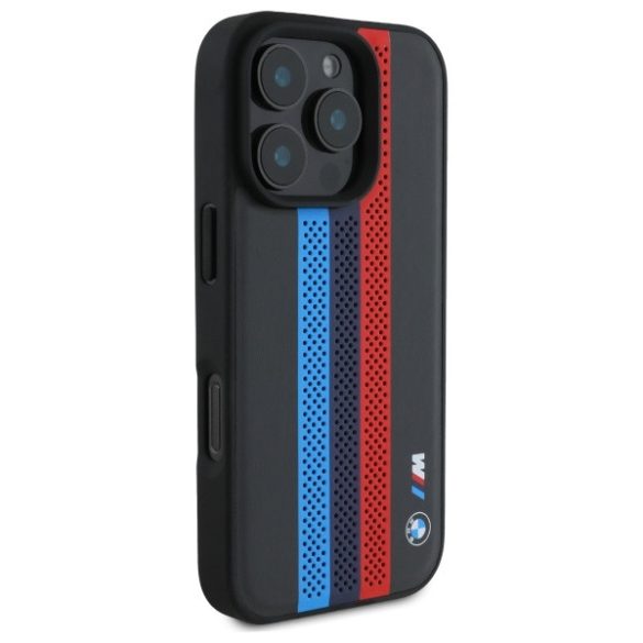 BMW iPhone 16 Pro M Perforated Tricolor Printed Stripes (BMHMP16L23PUPTK) Magsafe kompatibilis hátlap, tok, fekete