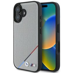   BMW iPhone 16 M Perforated Tricolor Line MagSafe (BMHMP16S23PUPDG) Magsafe kompatibilis hátlap, tok, szürke