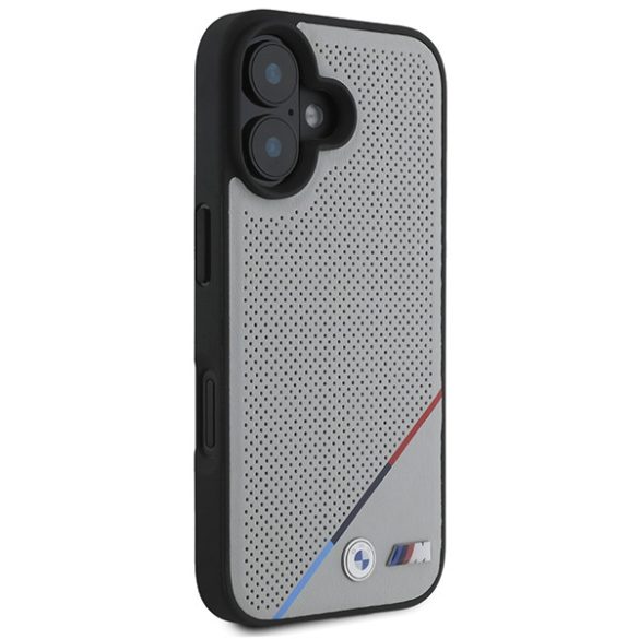 BMW iPhone 16 M Perforated Tricolor Line MagSafe (BMHMP16S23PUPDG) Magsafe kompatibilis hátlap, tok, szürke