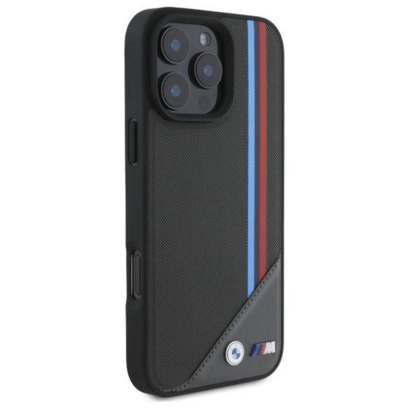 BMW iPhone 16 Pro Max Stripes MagSafe M Meshed Tricolor (BMHMP16X23PUTRA) Magsafe kompatibilis hátlap, tok, fekete