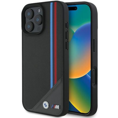 BMW case iPhone 16 6,1" BMHMP16S23PUTRK Hardcase M Meshed Tricolor Stripes MagSafe tok, fekete