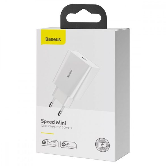 Baseus CCFS-SN01 USB-C, Speed Mini Quick Charger hálózati töltő adapter, gyorstöltés, 20W, QC, PD, 3A, fehér