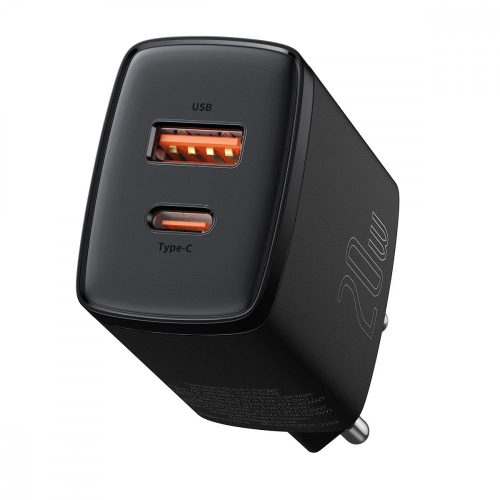 Baseus CCXJ-B01 USB+USB-C, Compact Quick Charger hálózati töltő adapter, gyorstöltés, 20W, QC, PD, 3A, fekete