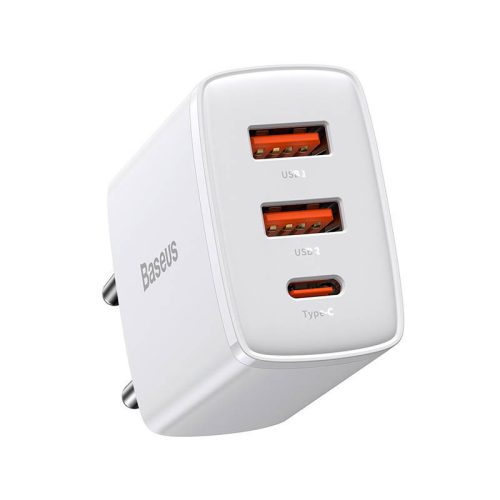 Baseus CCXJ-E02 2xUSB+USB-C,Compact Quick Charger hálózati töltő adapter, gyorstöltés, 36W, QC, PD, 3A, fehér