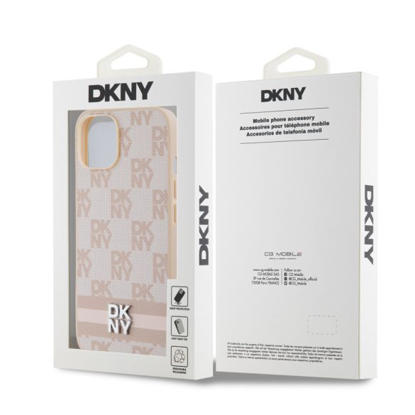 DKNY iPhone 13 PU Leather Checkered Pattern and Stripe DKHCP13MPCPTSSP hátlap, tok, rózsaszín