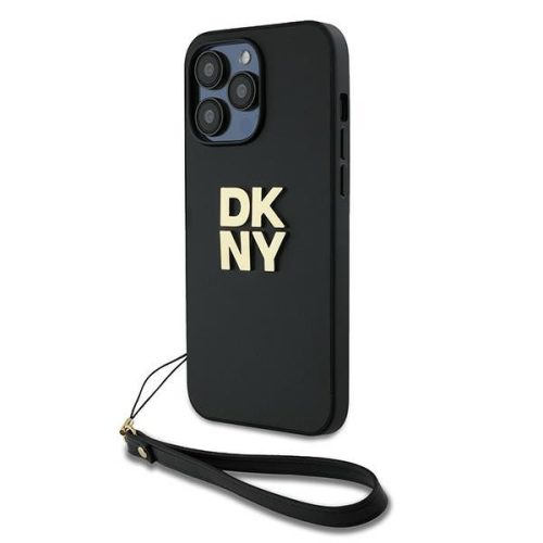 DKNY PU Leather Stack Logo Csuklóóraszíjos tok iPhone 14 Pro, fekete