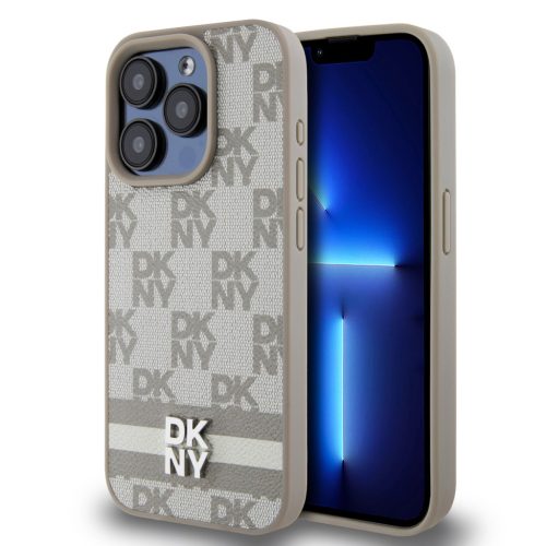 DKNY iPhone 14 Pro PU Leather Checkered Pattern and Stripe DKHCP14LPCPTSSE hátlap, tok, bézs