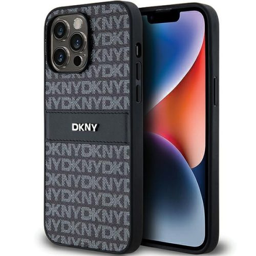 DKNY PU Leather Repeat Pattern Tonal Stripe iPhone 14 Pro hátlap tok, fekete