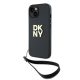 DKNY Wrist Strap Stock Logo case for iPhone 14 csuklóóraszíjos hátlap, tok, fekete