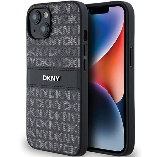 DKNY PU Leather Repeat Pattern Tonal Stripe Apple iPhone 14 hátlap tok, fekete