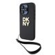 DKNY PU Leather Stack Logo Apple iPhone 15 Pro hátlap tok csuklószíjtal, fekete