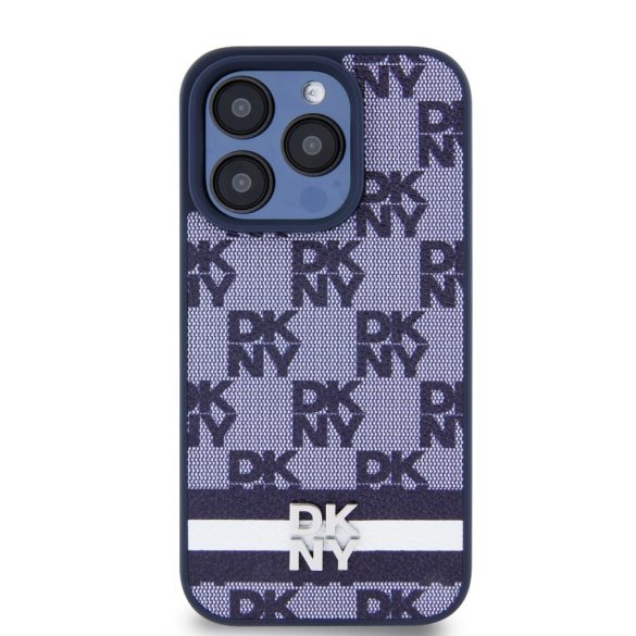 DKNY iPhone 15 Pro PU Leather Checkered Pattern and Stripe DKHCP15LPCPTSSB hátlap, tok, sötétkék