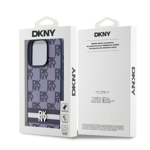 DKNY iPhone 15 Pro PU Leather Checkered Pattern and Stripe DKHCP15LPCPTSSB hátlap, tok, sötétkék