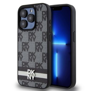 DKNY iPhone 15 Pro PU Leather Checkered Pattern and Stripe DKHCP15LPCPTSSK hátlap, tok, fekete