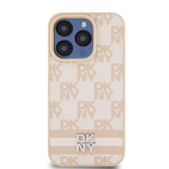 DKNY iPhone 15 Pro PU Leather Checkered Pattern and Stripe DKHCP15LPCPTSSP hátlap, tok, rózsaszín