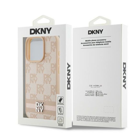 DKNY iPhone 15 Pro PU Leather Checkered Pattern and Stripe DKHCP15LPCPTSSP hátlap, tok, rózsaszín