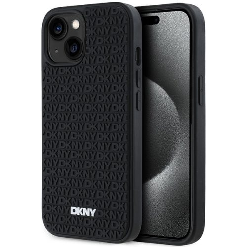 DKNY 3D Rubber Repeat Pattern case for iPhone 15 Plus, hátlap, tok, fekete