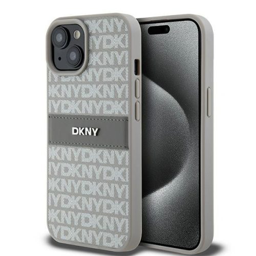 DKNY DKHCP15SPRTHSLE iPhone 15/14/13 6.1" hátlap, tok Leather Mono Stripe & Metal Logo, bézs